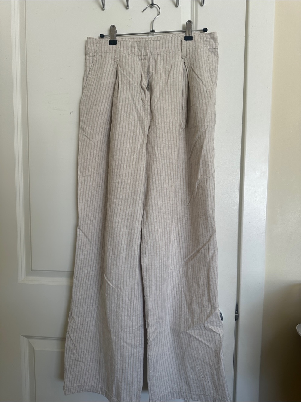 Wide-Leg Linen-Blend Pants - Light Beige Stripe